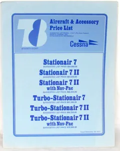 CESSNA RARE Factory OEM - 78 Aircraft & Accessory Price List Stationair 7 Models